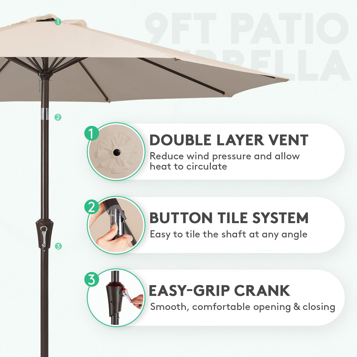 JEAREY push-button tilt demonstrates adjustable shade for changing sun