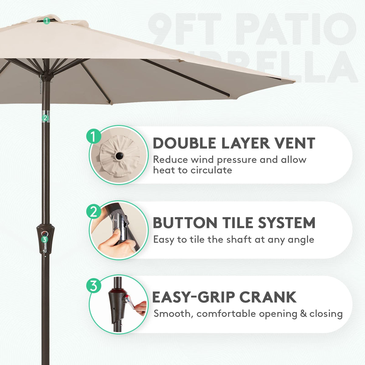 JEAREY umbrella featuring crank opening for quick setup and adjustment.