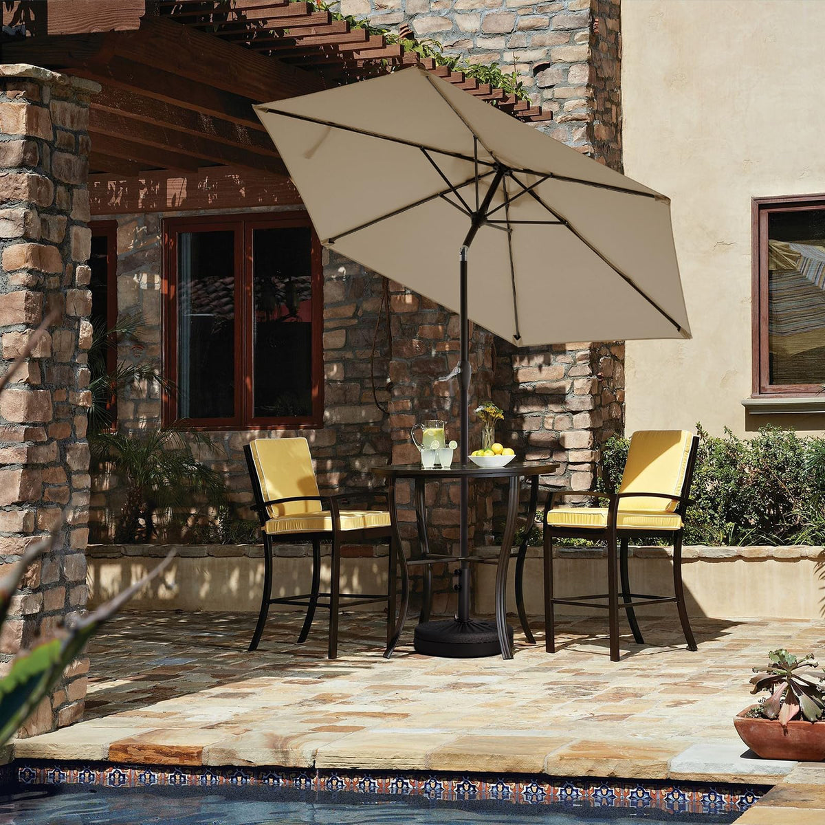 JEAREY 7.5ft-diameter umbrella fits tables for 2 to 4 chairs.