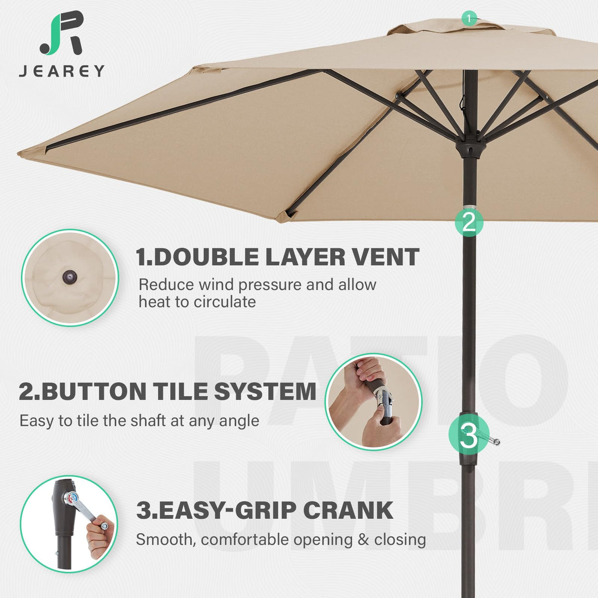 JEAREY umbrella-wind-vent canopy promotes airflow for cooler shade.