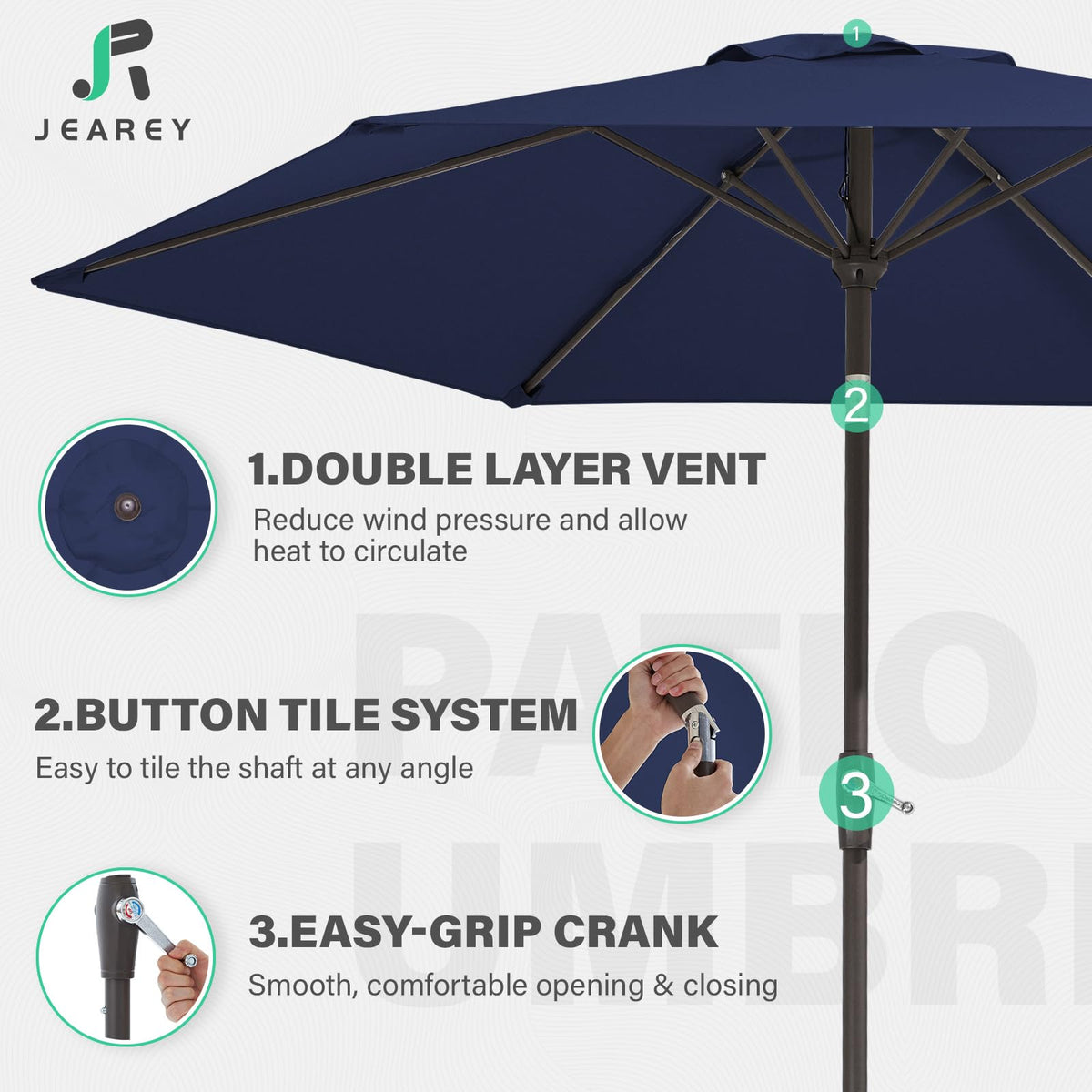 JEAREY weather-ready iron frame provides durable shade in windy conditions.