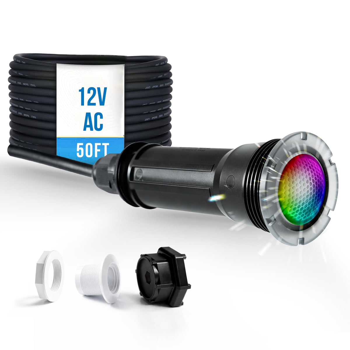 Jeavle 1.5-inch LED pool light close-up showing IP68 sealed housing for durability.