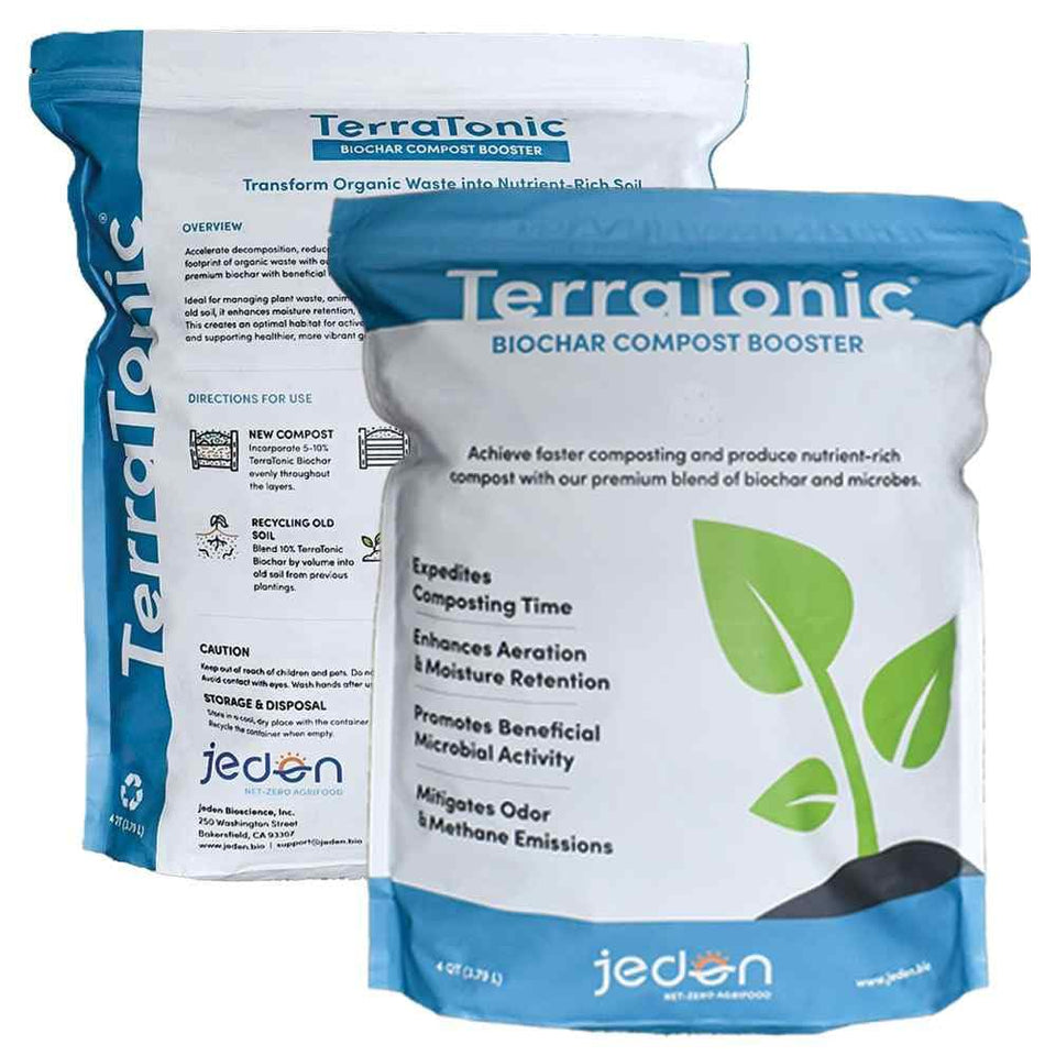 JEDEN TerraTonic Biochar bag label highlighting compost-boosting formula.