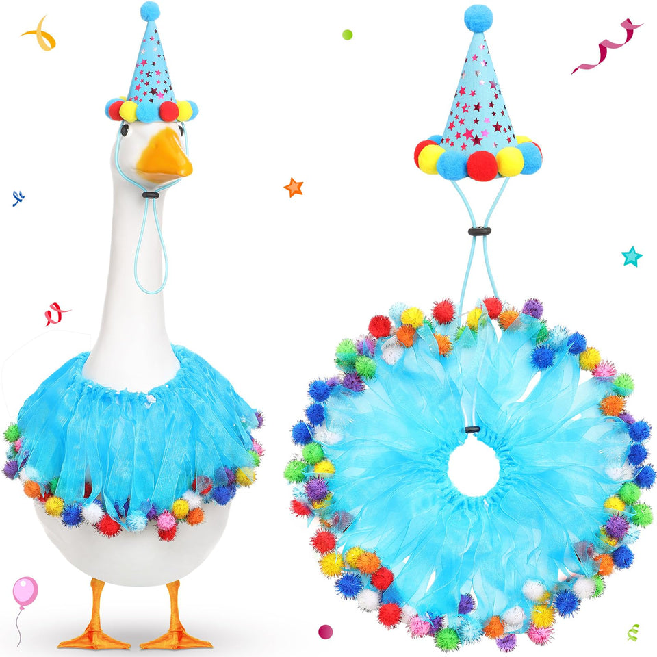 Jeere birthday goose outfit with blue hat enhances porch decor for celebrations