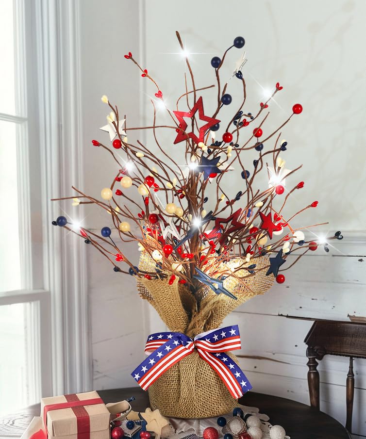 JEGERMIG independence day tree lighted table-top with red white blue glow for festive tables.