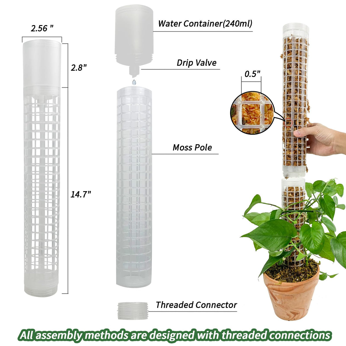 Jegu moss pole with stackable connection for scalable climbing plant support
