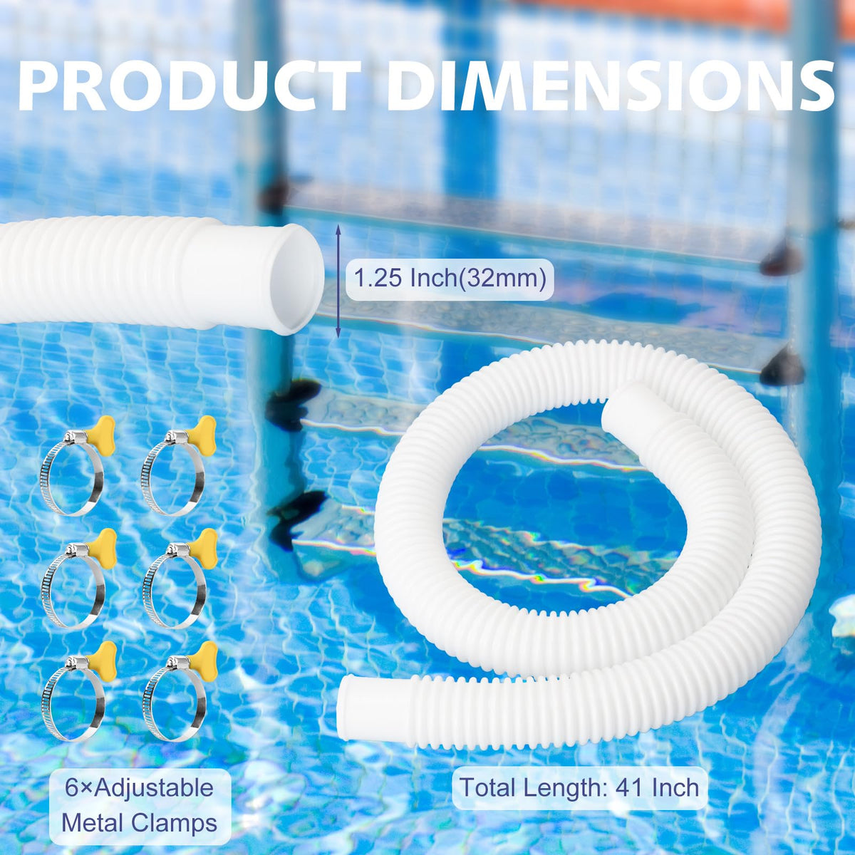 JEKIVEY pool hose with six clamps included for secure installation.