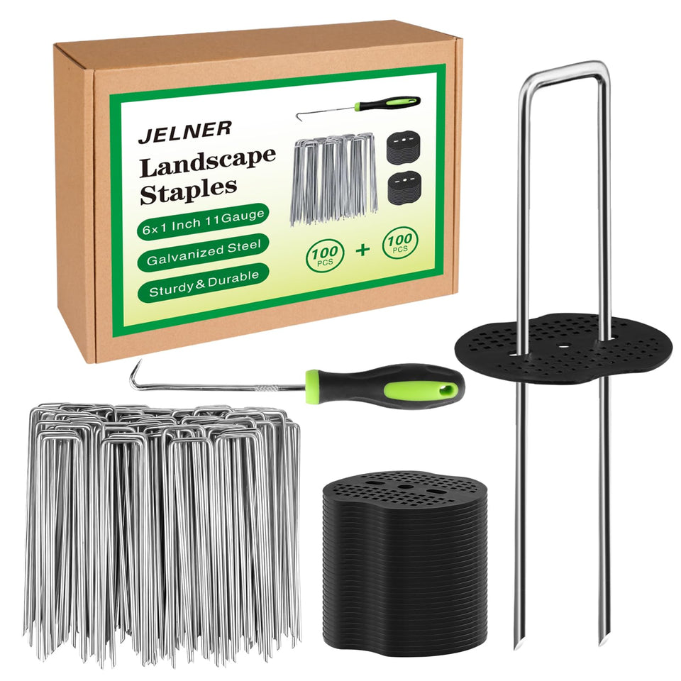 JELNER garden stakes packaging shows 6-inch galvanized stakes ready for fast setup.