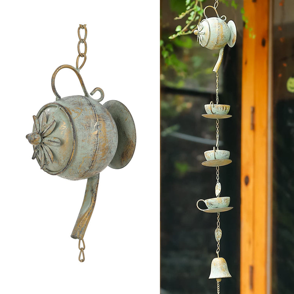 Jemeni teapot rain chime in green patina adds vintage charm to outdoor spaces