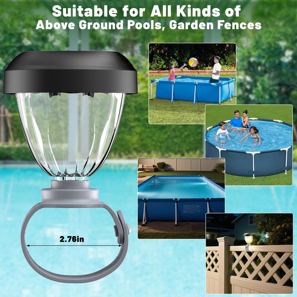 JEMULICE dusk-activated pool lights save energy while brightening pool areas.