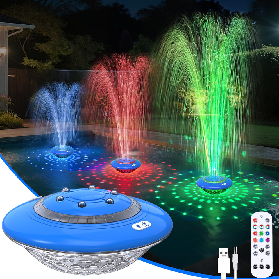 JEMULICE floating pool fountain lights show creates vivid color bursts for outdoor parties.