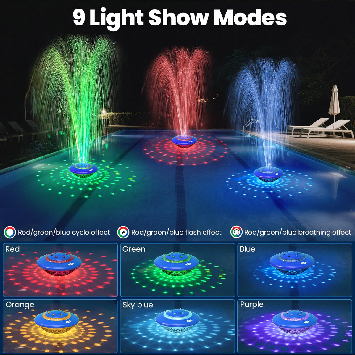 JEMULICE pool fountain remote-control mode offers effortless changes from the poolside.