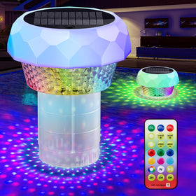 JEMULICE solar pool floater with colorful lights for night ambience.