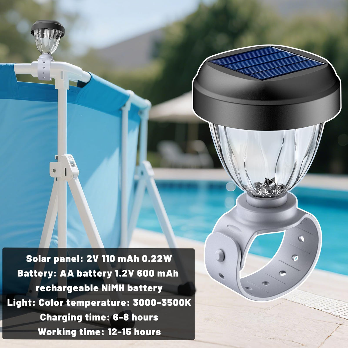 JEMULICE solar pool light around trampoline creates inviting outdoor ambiance after dark.