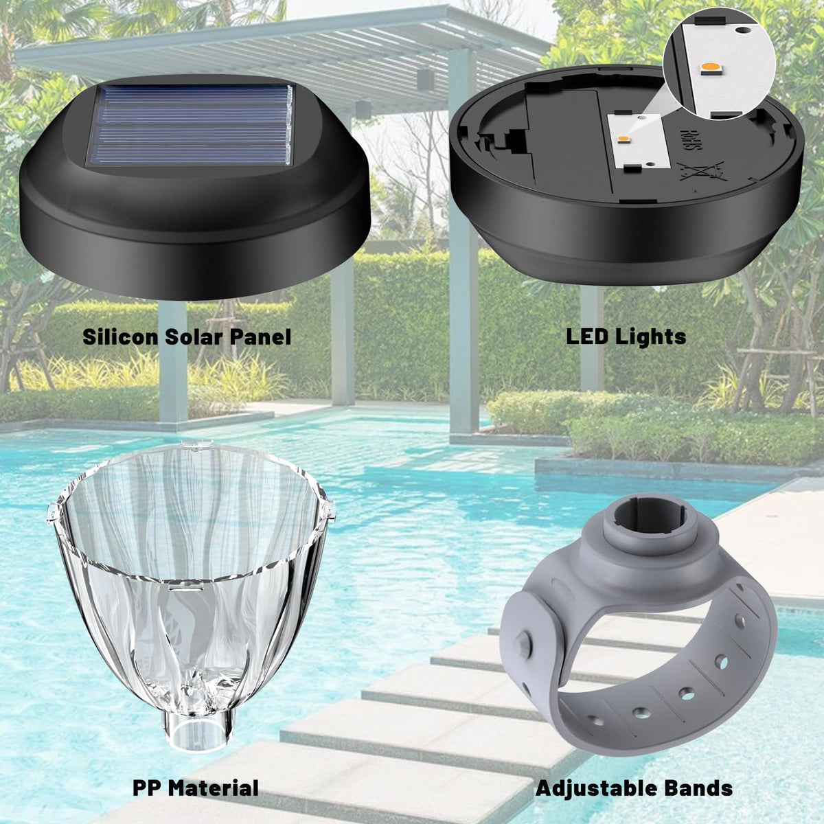 JEMULICE easy-setup solar pool lights install in minutes without wiring.