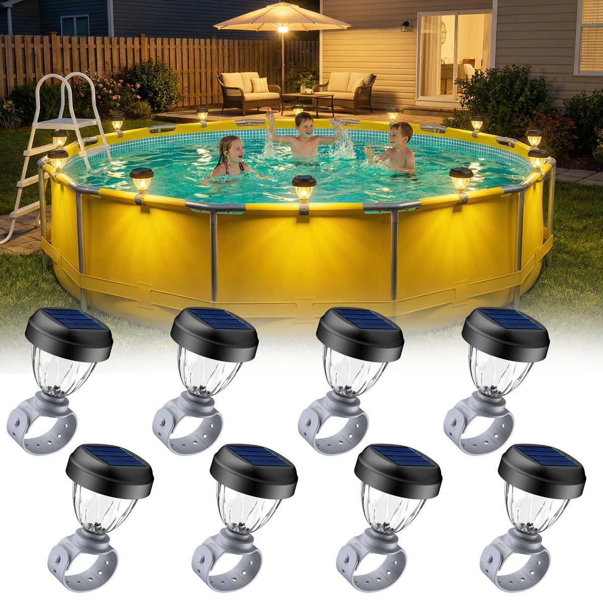 JEMULICE solar pool light at pool edge casts warm white glow for evening ambiance.