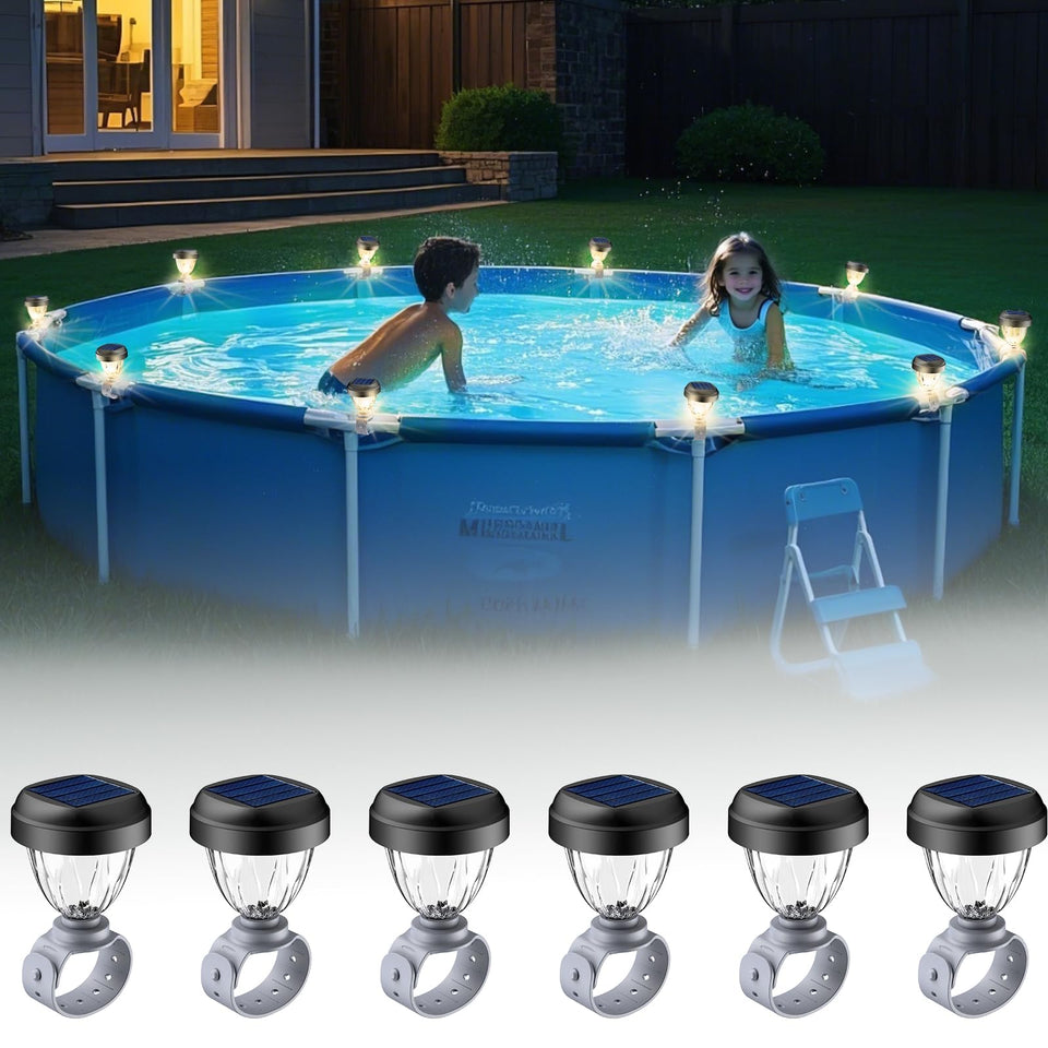 JEMULICE solar pool lights 6-pack provide warm white illumination for evenings.