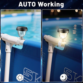 JEMULICE solar pool lights around pool and trampoline for ambient nights.