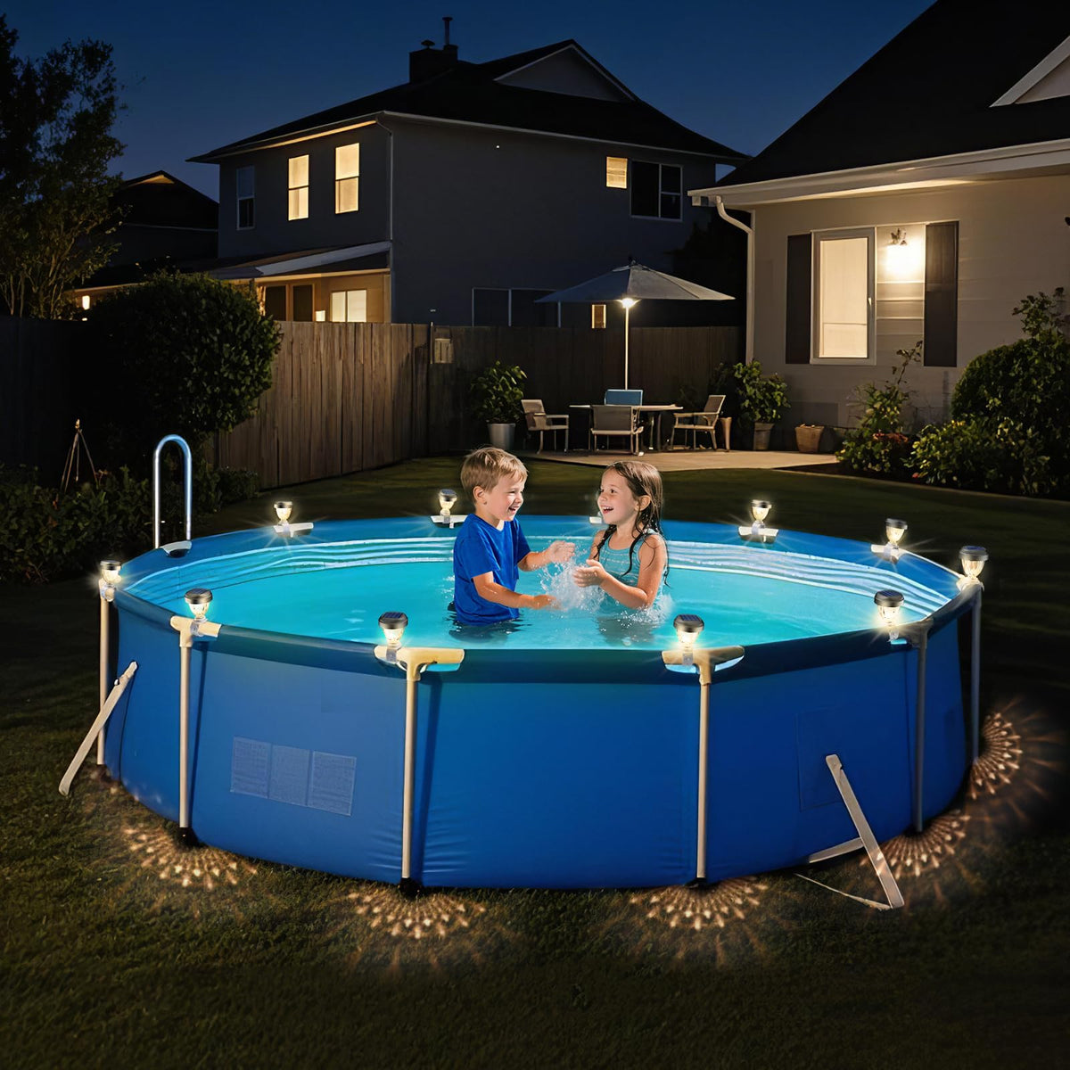 JEMULICE solar pool lights emit a warm white glow to enhance poolside ambiance.