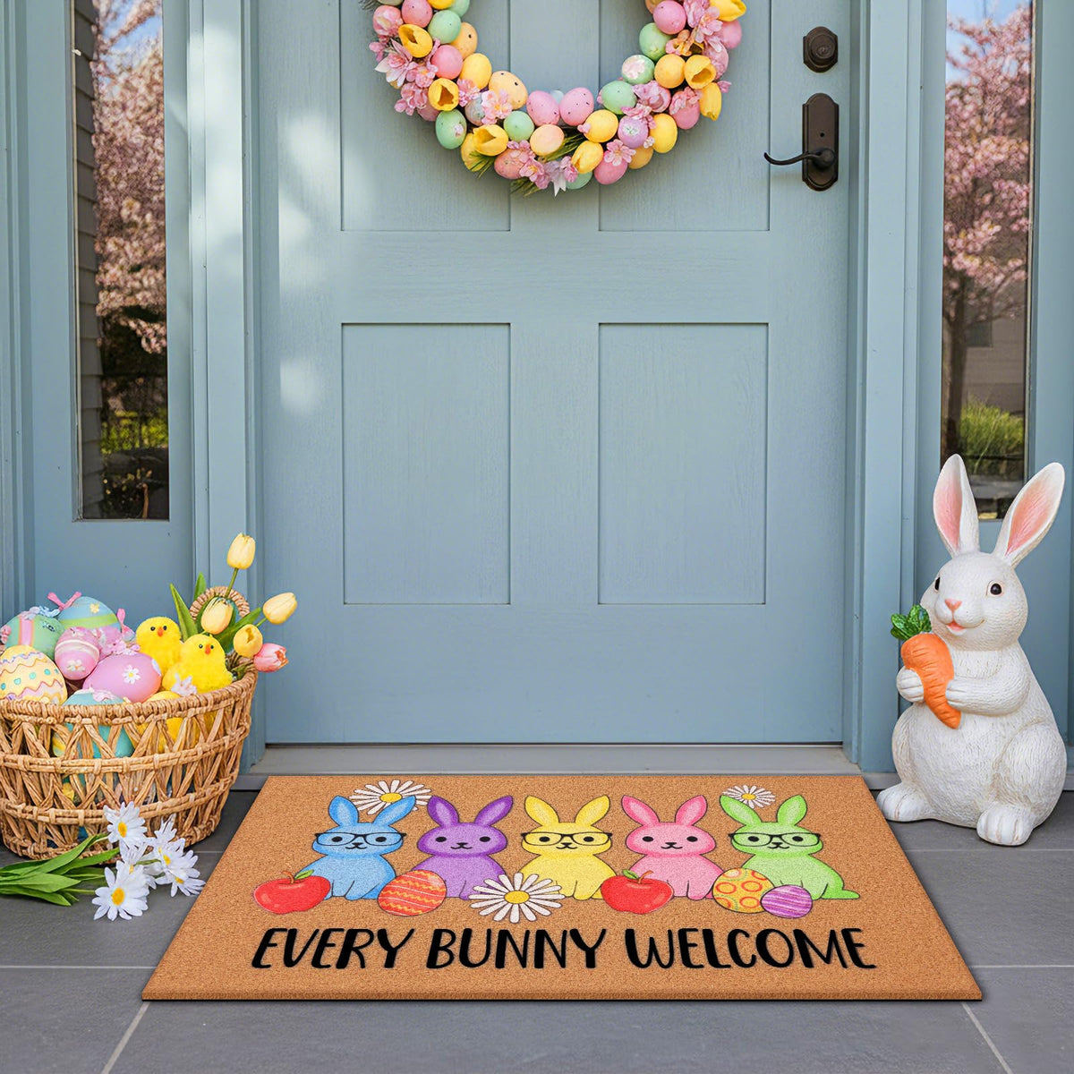 Brown Jenaai Easter mat adds spring curb appeal to the porch.