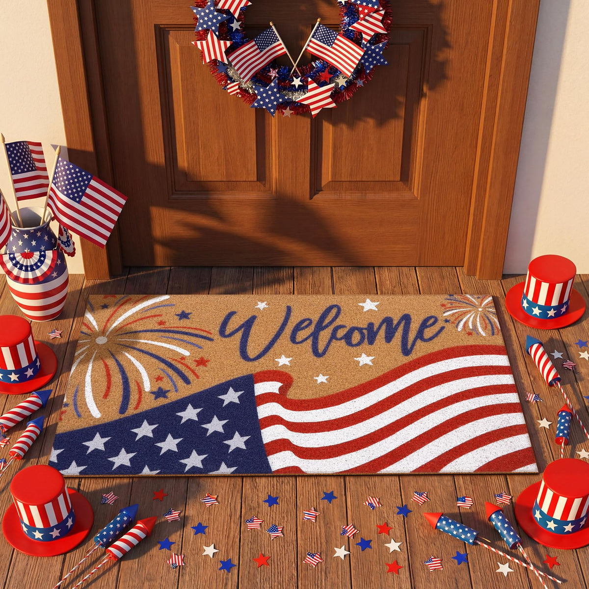 Jenaai patriotic porch mat ideal for outdoor decoration during Independence Day.