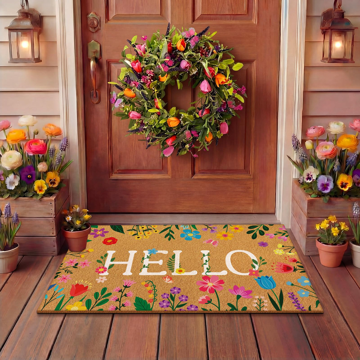 Jenaai Spring Hello doormat with durable PVC backing for safety