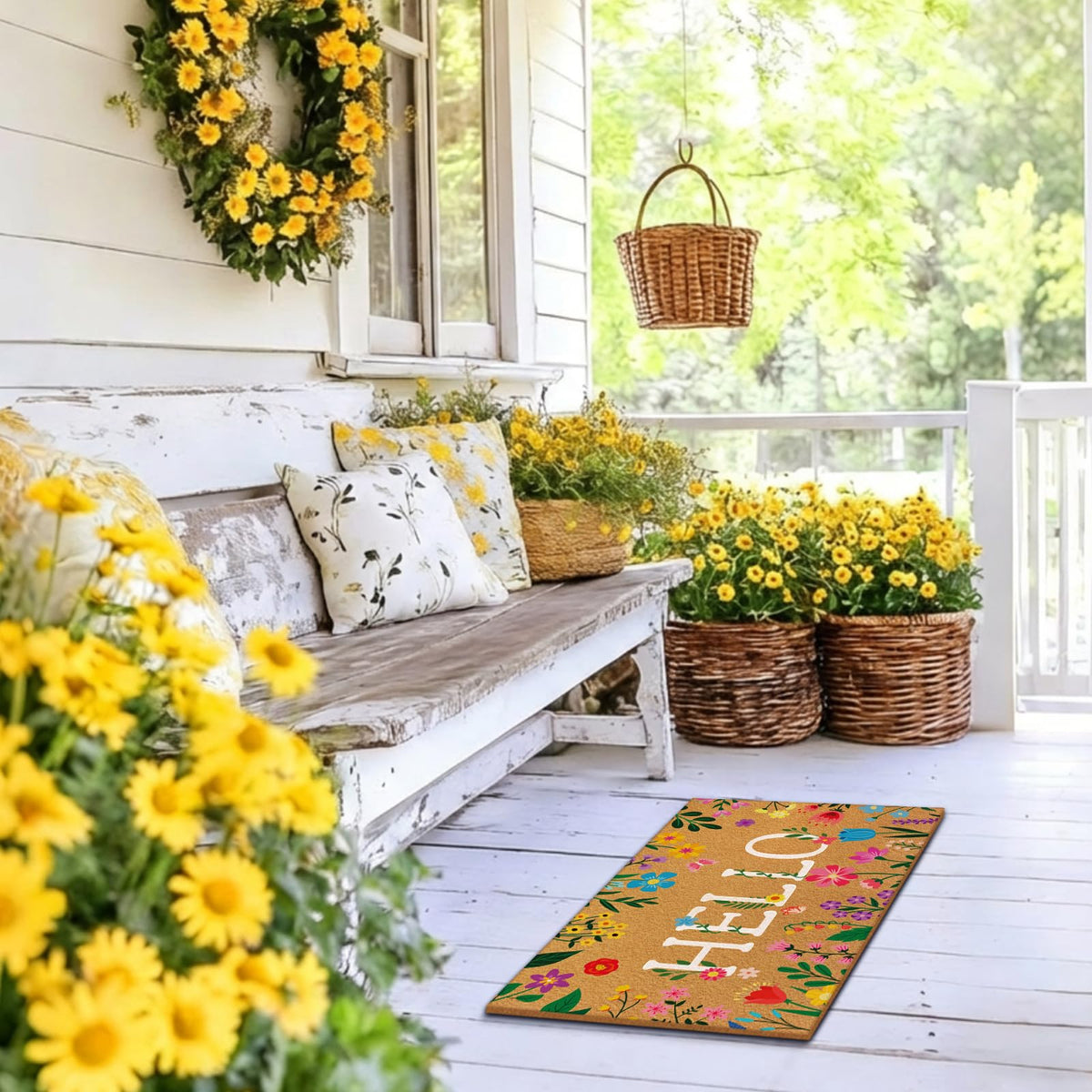Jenaai Spring Hello doormat brown color and 17x29 size, weather-friendly