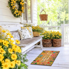 Jenaai Spring Hello doormat brown color and 17x29 size, weather-friendly