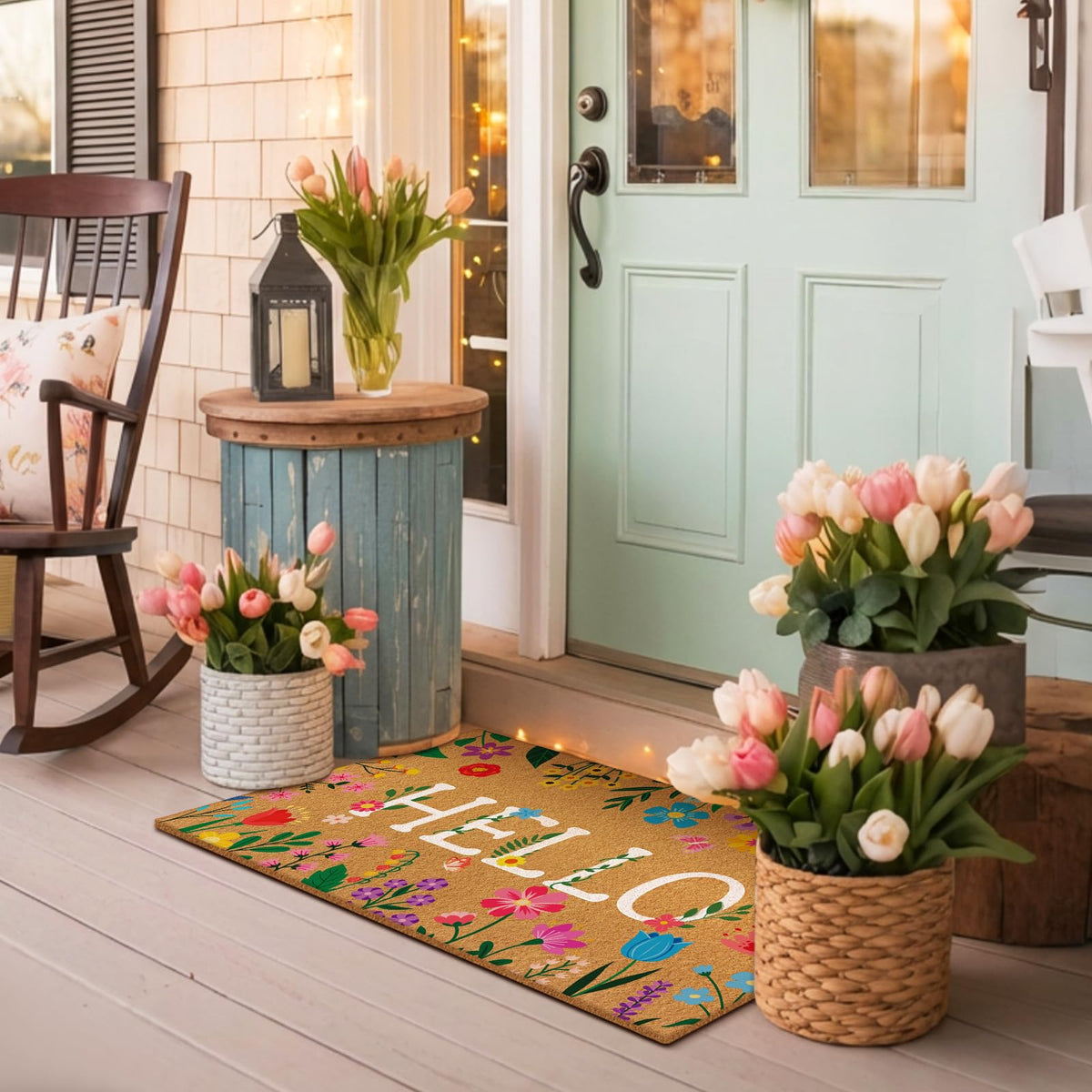 Jenaai Spring Hello doormat floral design for porch adds seasonal charm