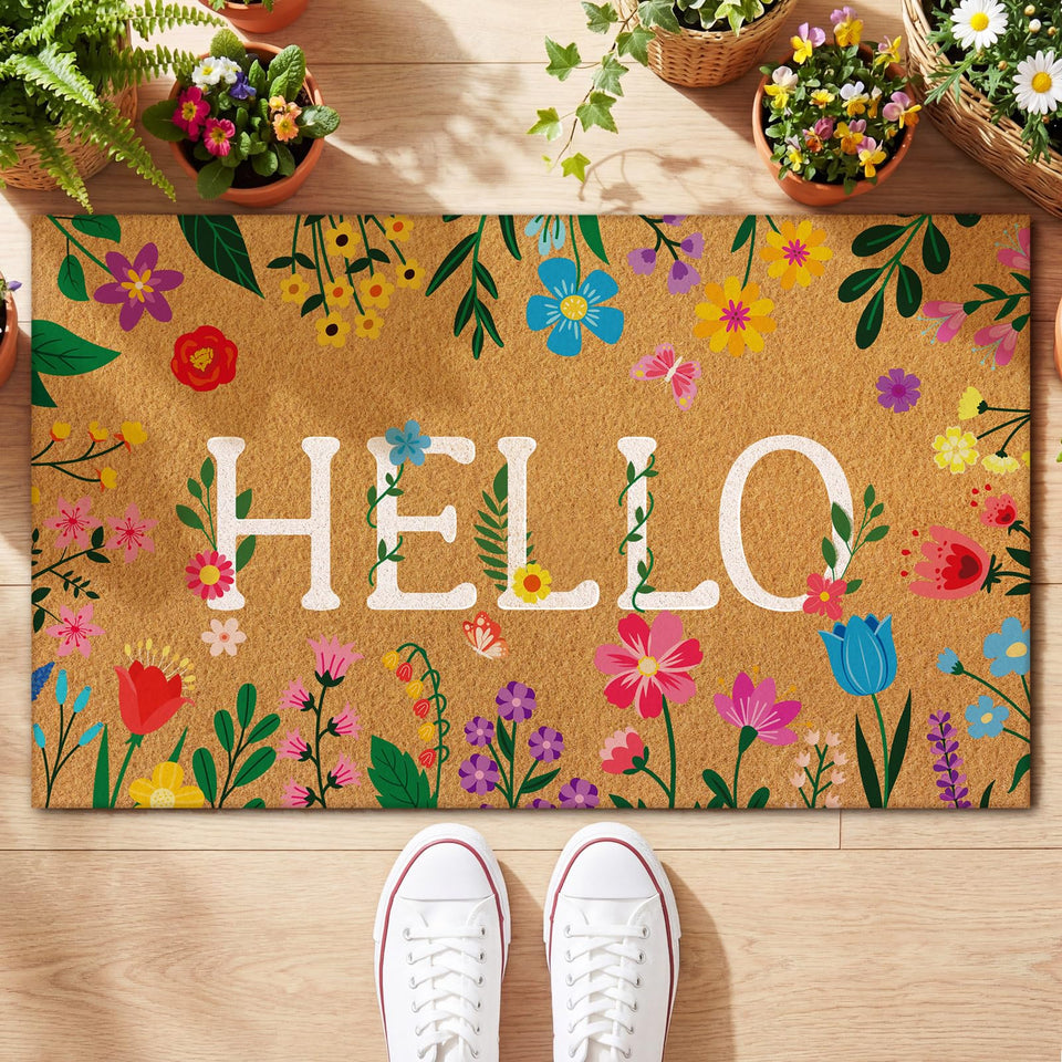 Jenaai Spring Hello doormat front door with floral design welcomes guests