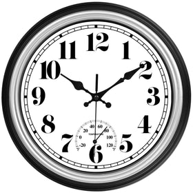 JENLYSTIME 12-inch outdoor clock with thermometer in silver for patio use