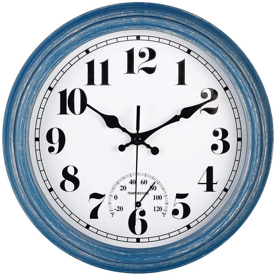 JENLYSTIME 12-inch outdoor clock with thermometer for porch use.