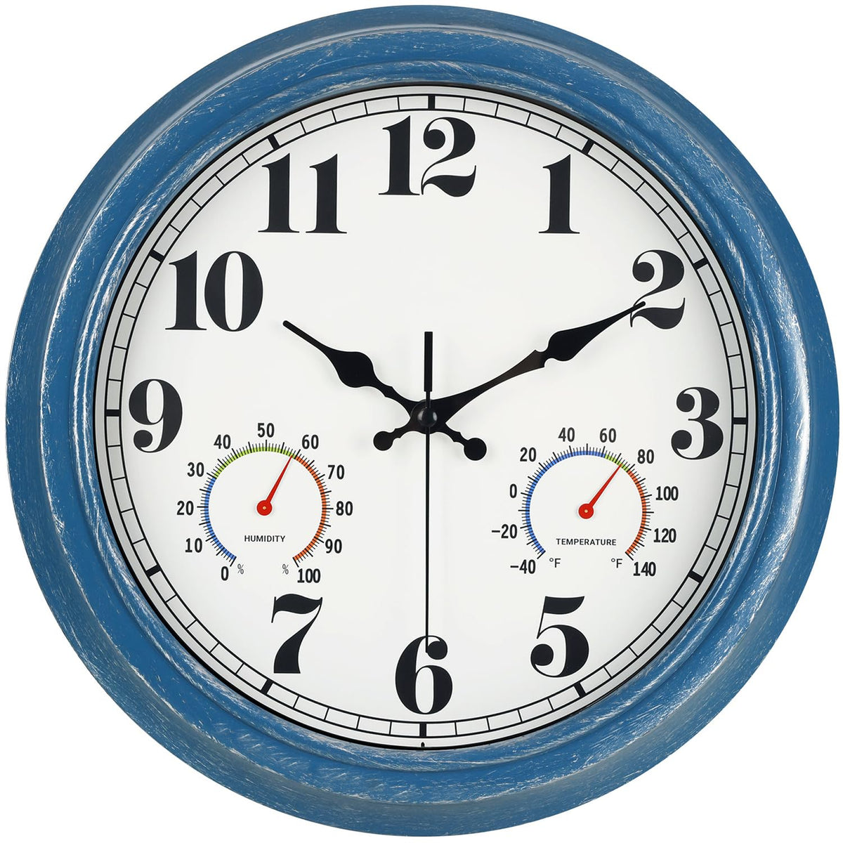 JENLYSTIME 13-inch outdoor clock in blue, front view for porch readability