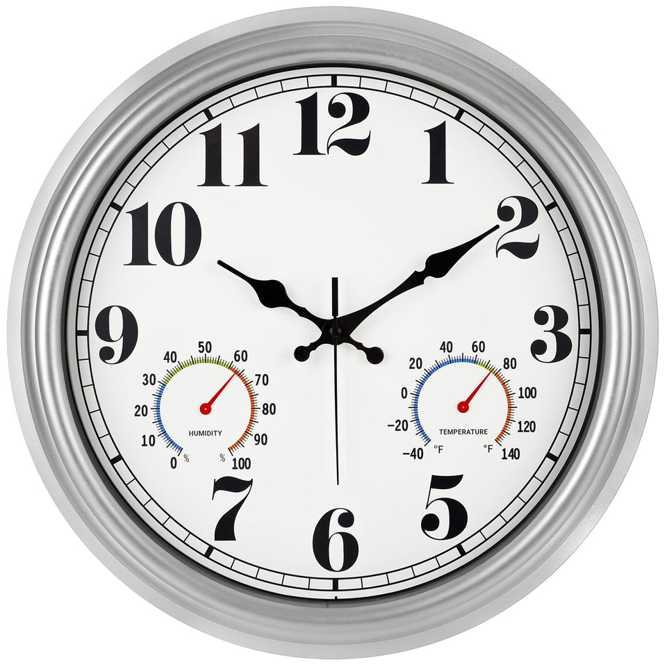 JENLYSTIME 16-inch silver vintage wall clock with large numerals for outdoor readability.