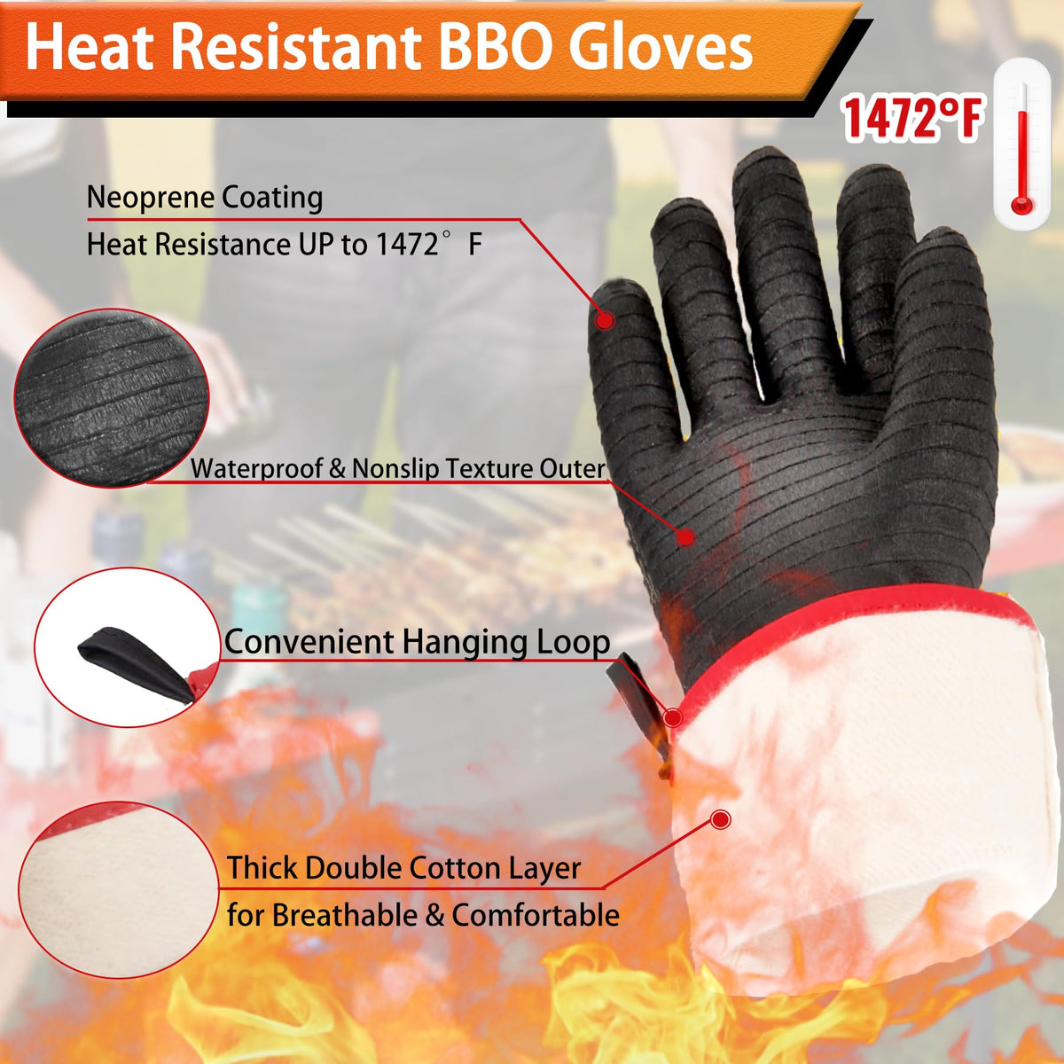 Jenpos BBQ gloves demonstrated with 14-inch sleeve for full forearm coverage