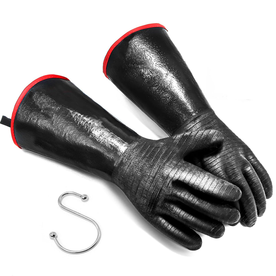 Jenpos BBQ gloves showing heat resistance up to 1472°F for safe handling of hot dishes