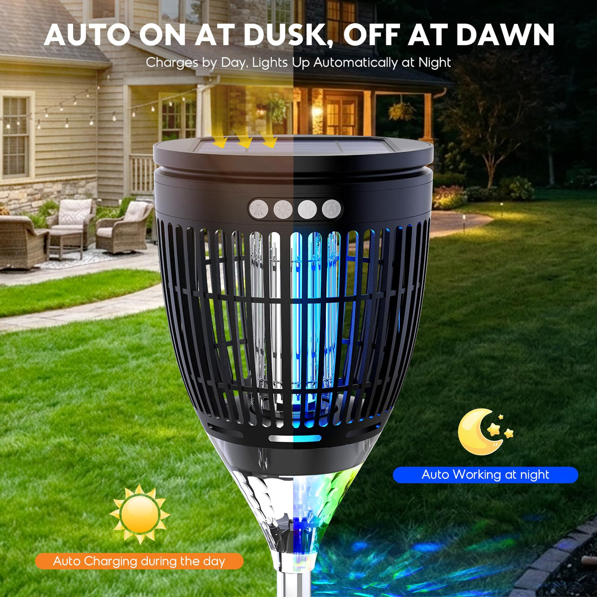 Jepwe Solar Bug Zapper 360-degree attraction covers large outdoor areas.