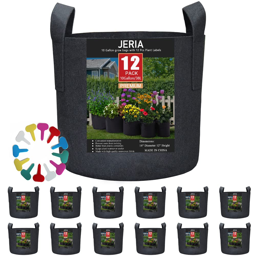 JERIA 12-pack 10-gallon grow bags shown with large capacity and durable fabric.