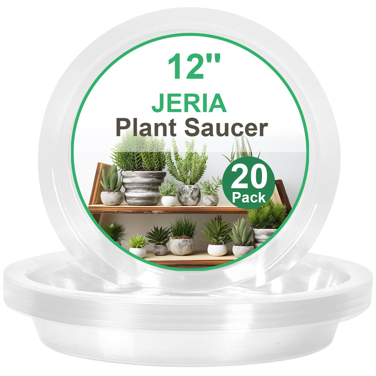 JERIA 12-inch clear plant saucer, top view protects surfaces from spills.