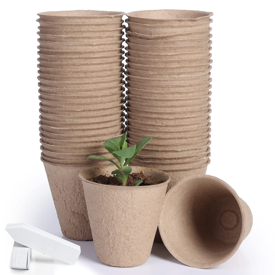 JERIA 50-pack peat pots for seedling setup, ideal for early plant starts.