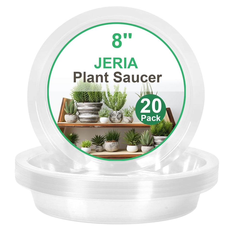 JERIA 8-inch clear plant saucer with raised edge protects surfaces from spills.