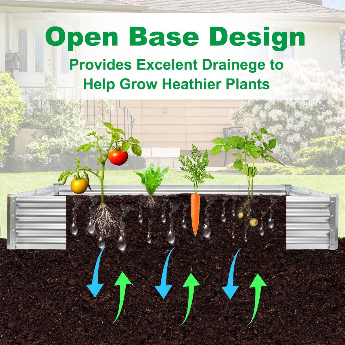 JERIA raised bed in garden shows vegetables, fruits and flowers.