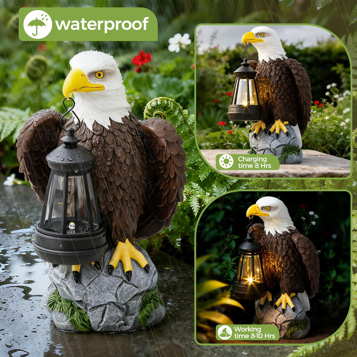 Jesokiibo bald eagle statue can adorn a lawn, path, or porch.