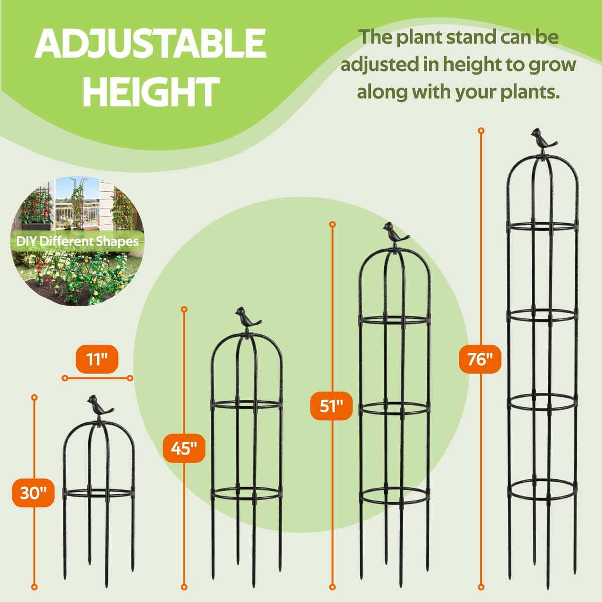 Jesosia plant support enables vertical growth for vines, tomatoes, and flowering climbers.