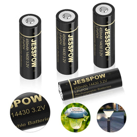 JESSPOW 14430 battery front view shows compact LiFePO4 design for outdoor devices