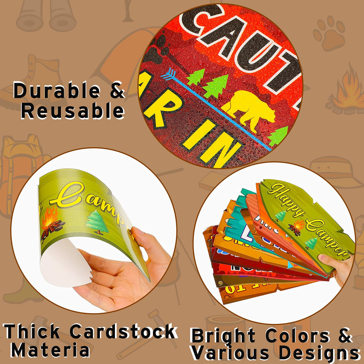 Jetec camping signs happy camper motif creates a cheerful party atmosphere.