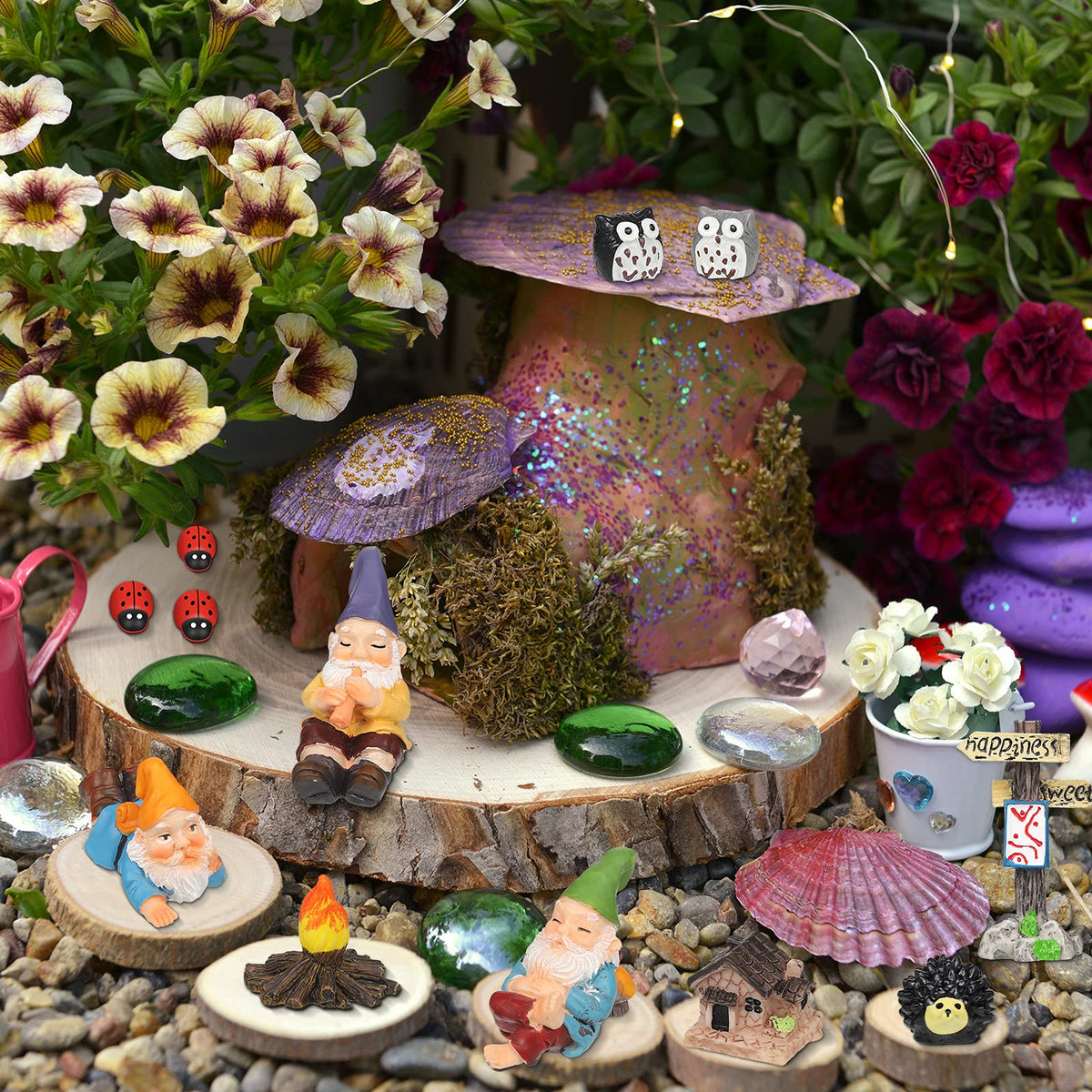 Jetec gnomes miniature ornaments with house and owls hedgehogs for landscape charm.