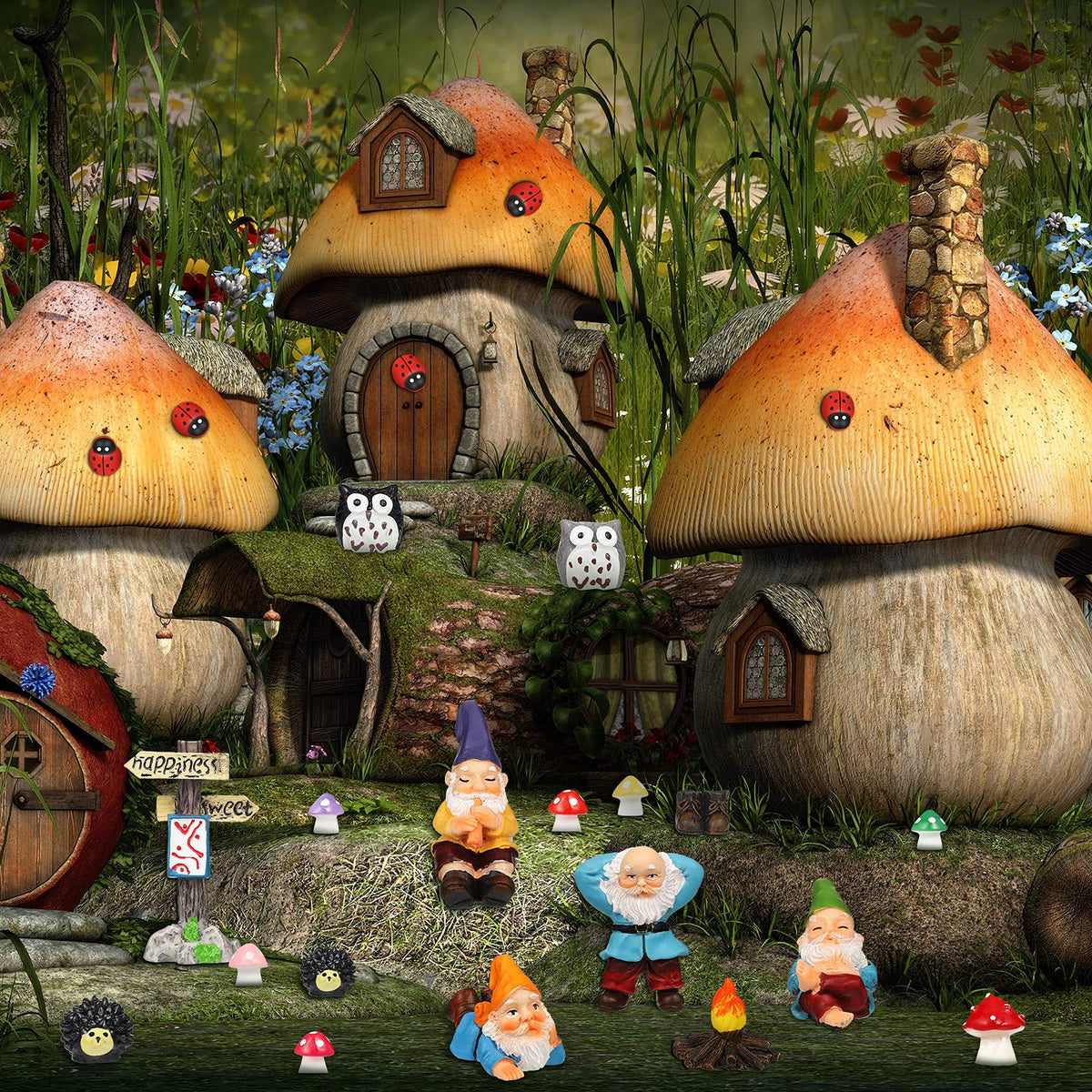 Jetec gnomes mushrooms and ladybugs add color to pots and borders.