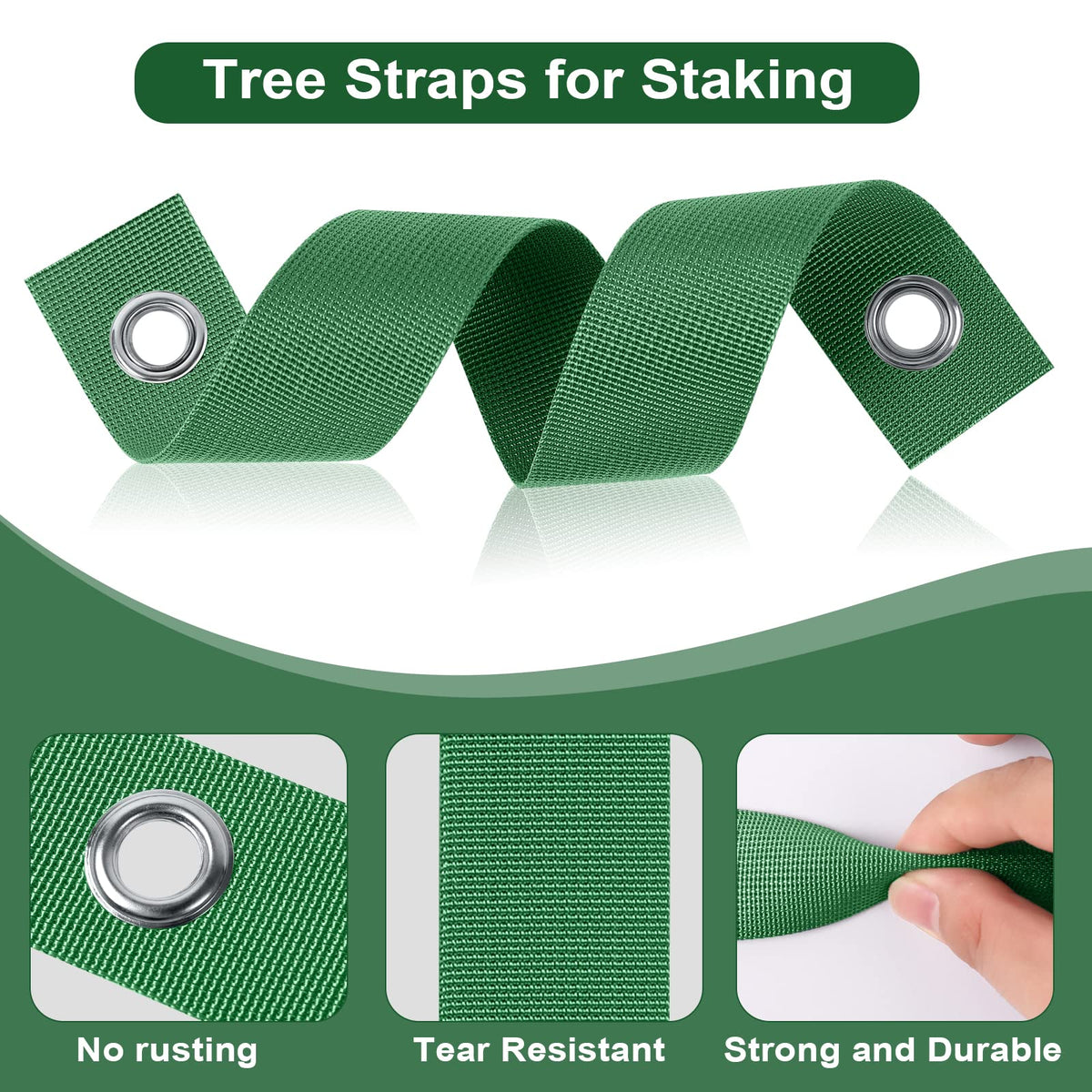 Jevrench easy-install tree support strap simplifies securing saplings.