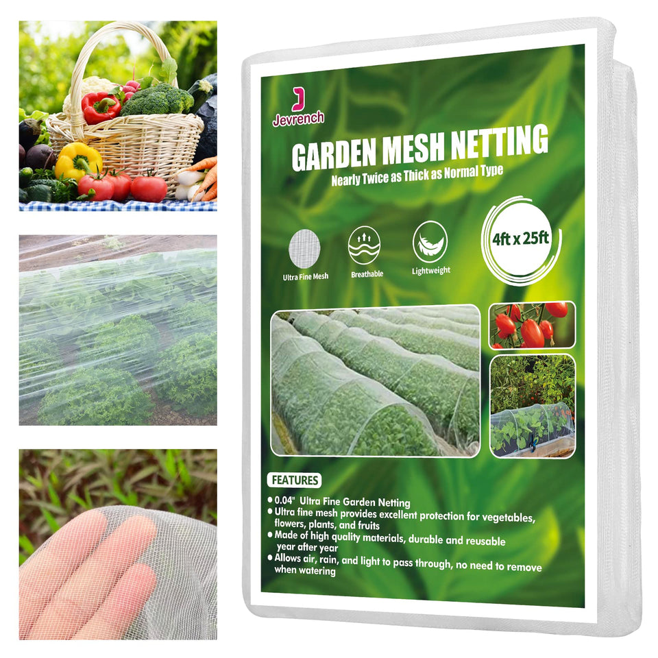 Jevrench ultra-fine garden netting 4x25ft roll protects crops while letting sunlight through.